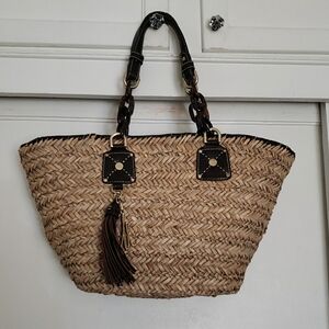 Milly Rattan & Brown Woven Tote Bag with Leather Accents